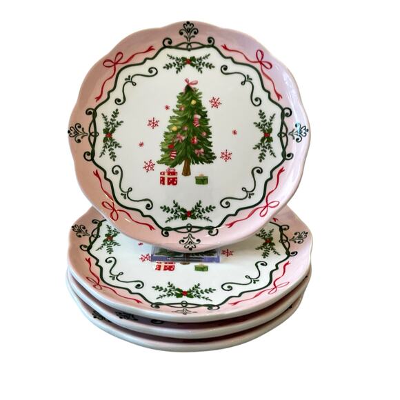 4 Potter's Studio CHRISTMAS TREE PINK Salad Plates 9in Ceramic Bows Holiday New - Picture 8 of 16